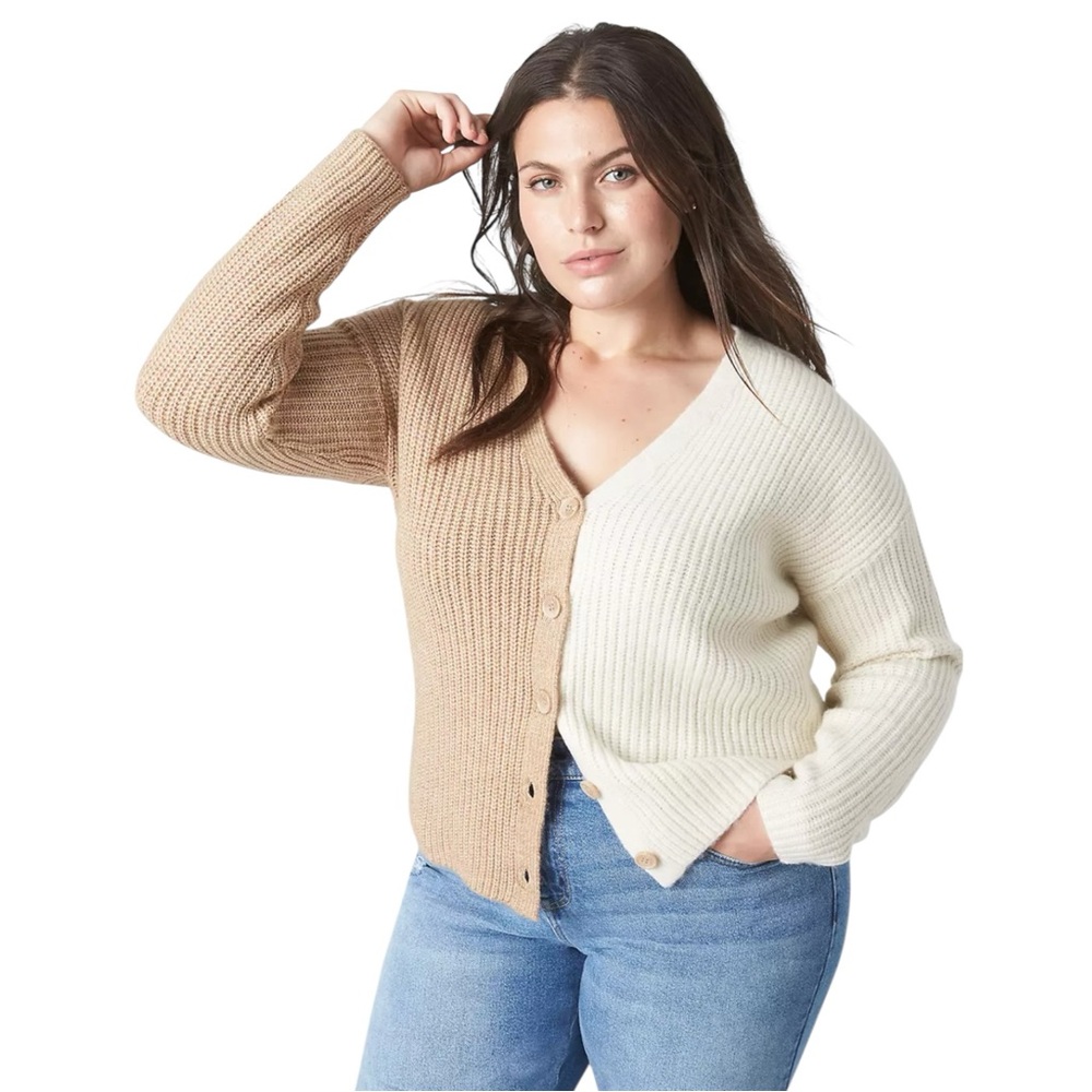 LANE BRYANT Classic Button-Front Colorblock Cardigan in Tan/Cream Size 18/20